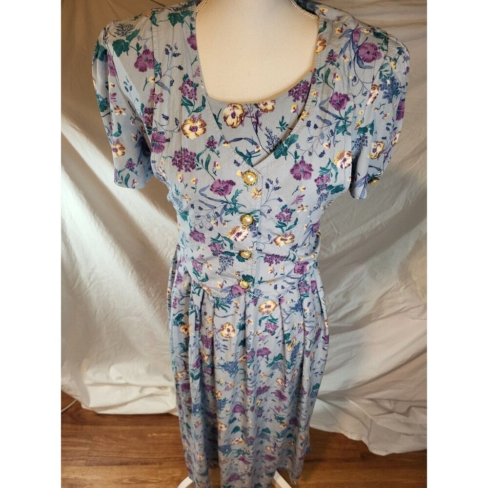 Vtge Jamie Brooke Blue Floral Grannycore Rayon Dress‎ Size 10